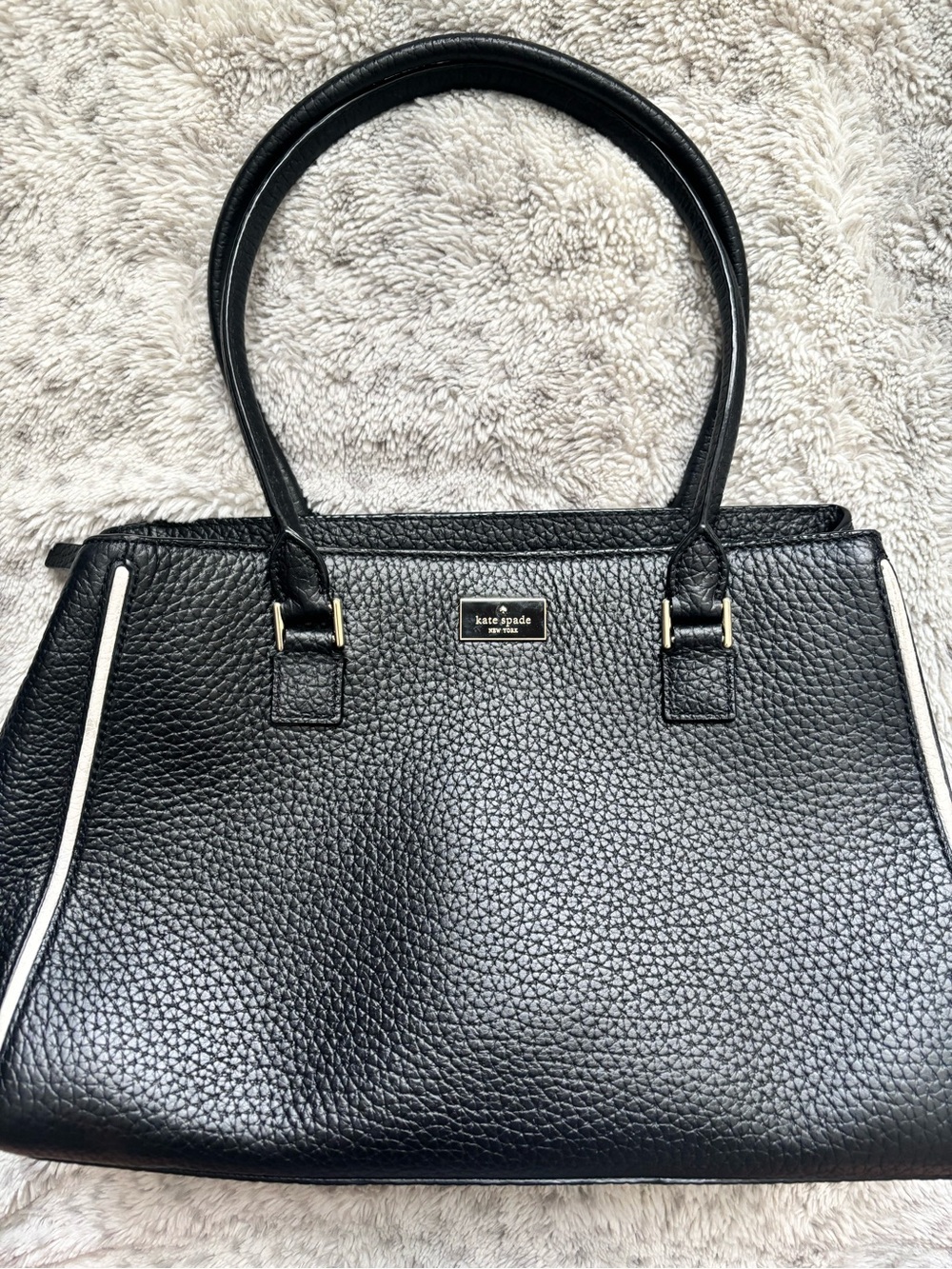 Kate Spade Black Pebbled Leather Tote with White Piping
